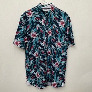 Fried Denim Teal, Red Tropical Floral Print Short Sleeve Button Down Size XL